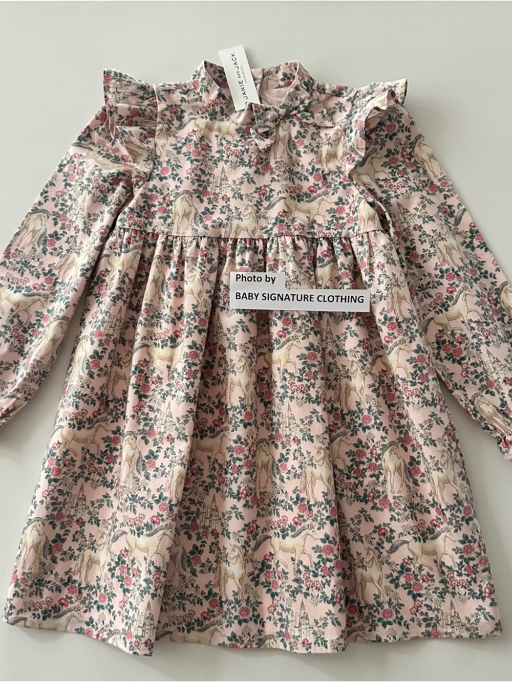 Janie and Jack Girls 7 Pink Floral Garden Unicorn Castle Ruffle Dress NWT